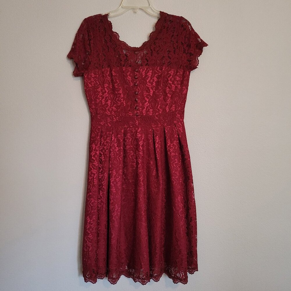 NWT Maroon/Wine Flower Lace A Line Midi Dress Short Sleeve Size L